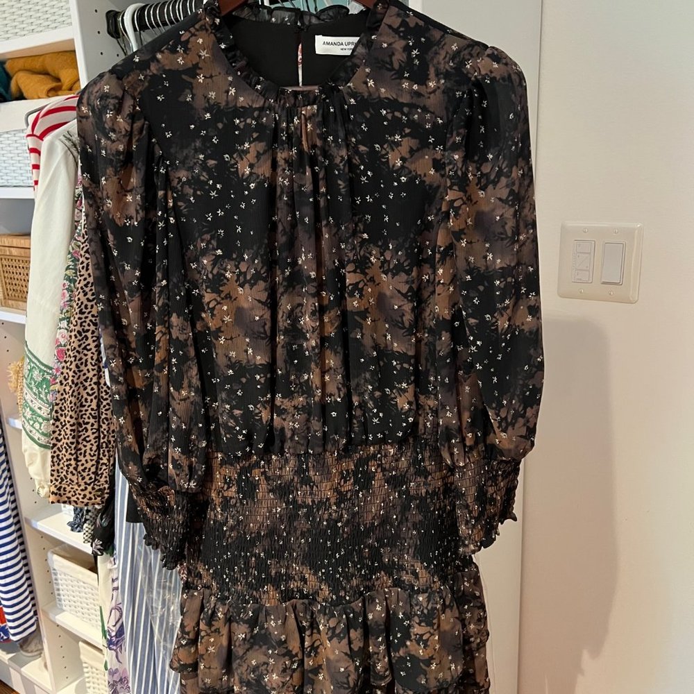 Amanda Uprichard Madalyn Dress Smocked Waist Cuffs Long Sleeve Size M